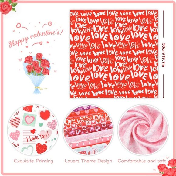 8 PCS Valentine Fabric Squares - Pink Cotton Quilting, Love & Floral Patterns fo - Picture 3 of 7